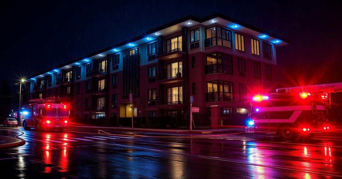 Emergency restoration response at a strata building in the Fraser Valley at night