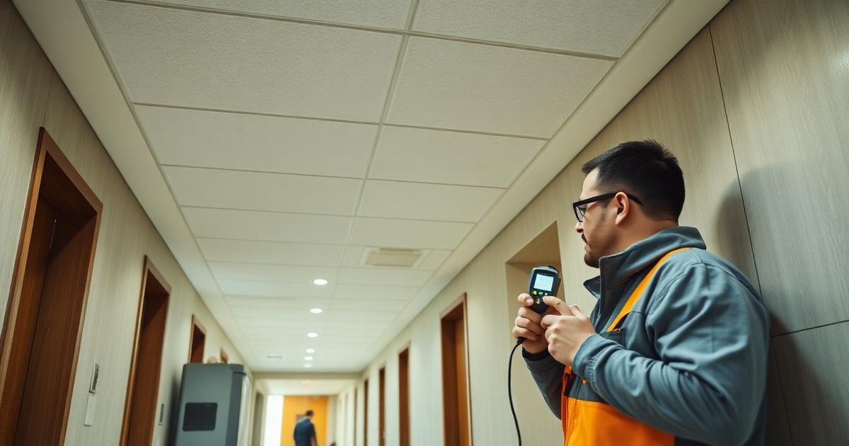 Restoration technician inspecting water damage with moisture meter in strata building hallway